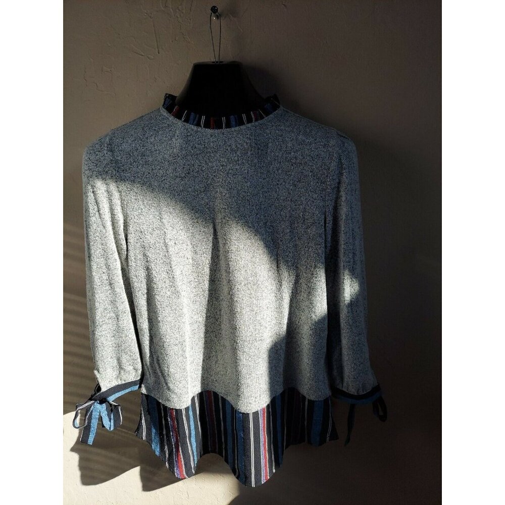 Monteau Women's Crew Neck Tie Sleeve Tunic Top Size Medium with Striped Pattern